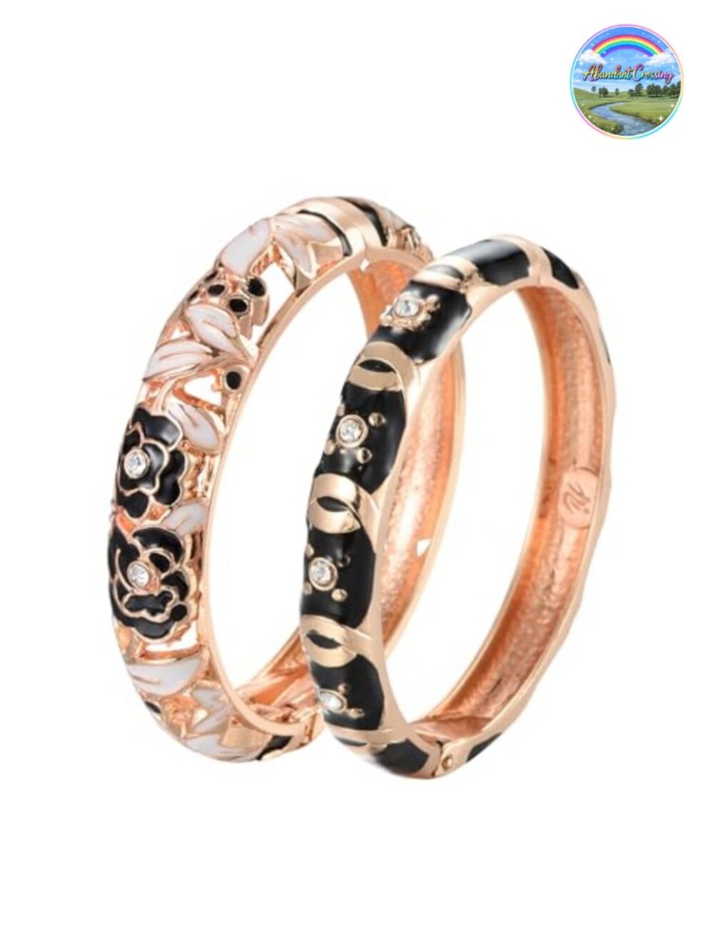Cloisonne Enamel Cuff Bangle Bracelets 2 Pc Set Hinged Rhinestone Rose Flower